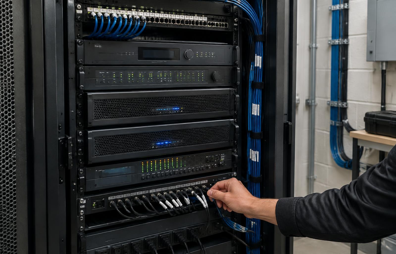 A technician checking connections on a neatly organised audio-visual equipment rack